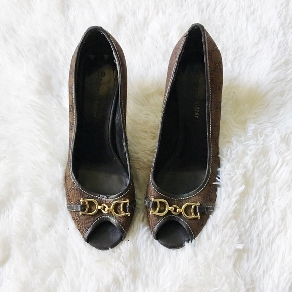 Etienne Aigner Brown Logo Print Peep Toe Heel 6.5 - Picture 1 of 7